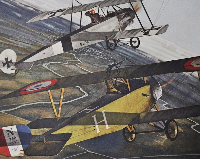 The Last Salute - Original Military Print / Litho 1960's (ww1 plane, fighter pilot, german, Bert Hall, Nieuport XI, Lafayette Escadrille)