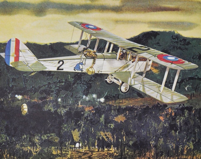 Airdrop to the Lost Battalion - Original Military Print / Litho 1960's (ww1 plane, fighter pilot, Airco DH.4, Argonne Forrest, germans)
