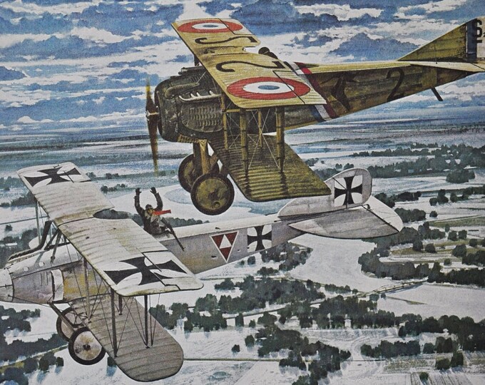 The Boy Legend - Original Military Print / Litho 1960's (ww1 plane, fighter pilot, french Georges Guynemer, SPAD VII, Albatros, airplane)