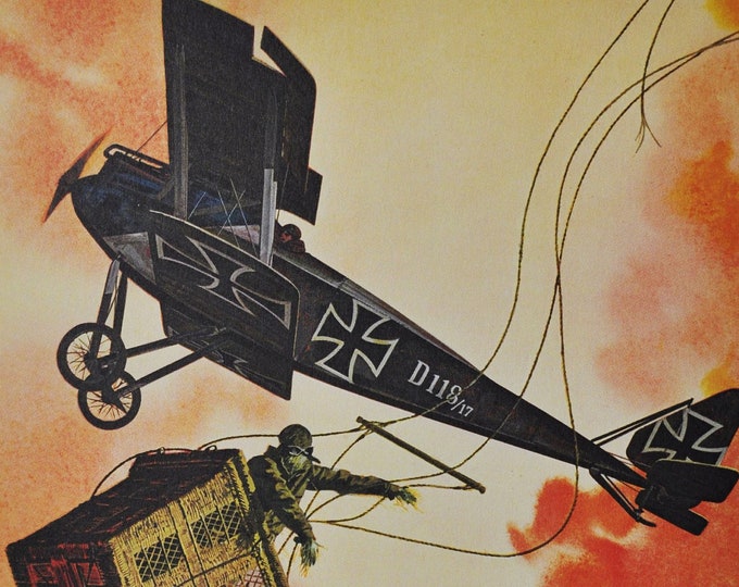 Balloon Fever - Original Military Print / Litho 1960's (ww1 plane, fighter pilot, aircraft, Rudolf Von Eschwege, german ace, Halberstadt D3)