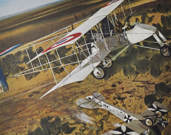 They Watched the First Dog Fight - Original Military Print / Litho 1960's (ww1 plane, fighter pilot, Voisin plane, Joseph Frantz, Aviatik)