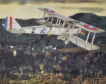 Airdrop to the Lost Battalion - Original Military Print / Litho 1960's (ww1 plane, fighter pilot, Airco DH.4, Argonne Forrest, germans)