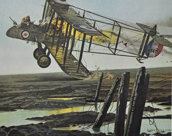 The Sergeant and the Cow - Original Military Print / Litho 1960's (ww1 plane, fighter pilot, Thomas Mottershead, Victoria Cross, W E Gower)