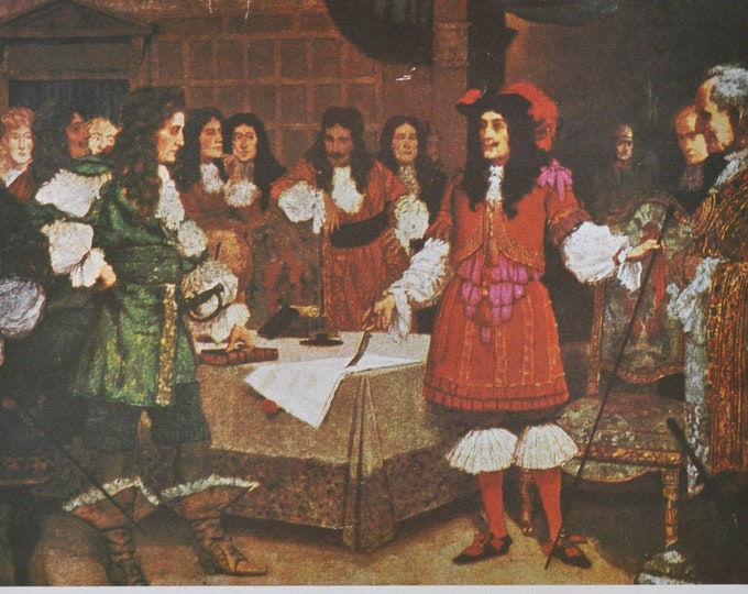 Granting of the Hudson's Bay Company's Royal Charter - Original History Print from 1968 (canada, hbc, fur trading, king Charles II England)