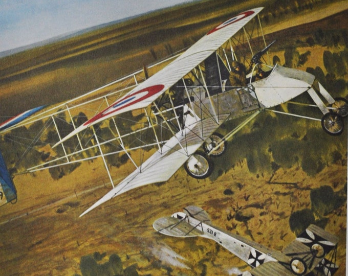 They Watched the First Dog Fight - Original Military Print / Litho 1960's (ww1 plane, fighter pilot, Voisin plane, Joseph Frantz, Aviatik)