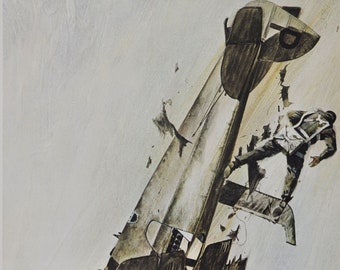 The First Bail-Out - Original Military Print / Litho 1960's (ww1 plane fighter pilot aviation history loening pursuit harold harris cockpit)