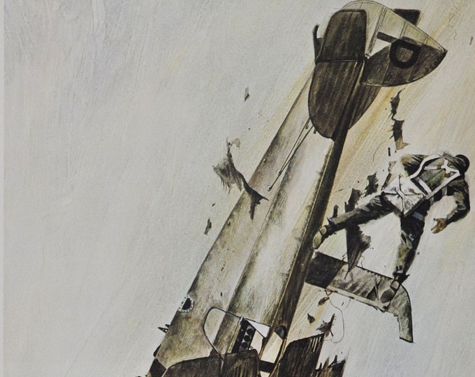 The First Bail-Out - Original Military Print / Litho 1960's (ww1 plane fighter pilot aviation history loening pursuit harold harris cockpit)