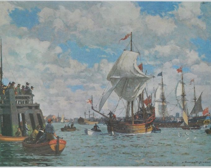 The Nonsuch returns to London - Original History Print from 1968 (canada, hudson bay, hbc, trading voyage, Zachariah Gillam, ship, ketch)