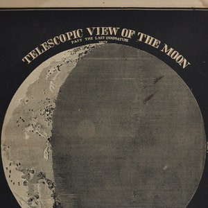 Vista telescopica della Luna - stampa antica originale 1874 (Smith's Illustrated Astronomy, universo stelle galassia pianeti nasa spazio apollo)