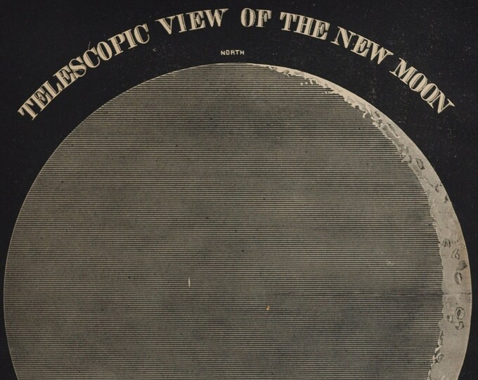 Telescopic View of the New Moon - original antique print 1874 (Smith's Illustrated Astronomy, universe stars planets nasa space apollo)