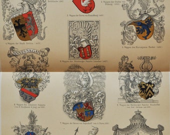 Heraldry (History of Coat of Arms) - Original Antique Print - 1906 (City of Gorlitz, Germany, Prussia, Family, Armory, Bayern, Shield)