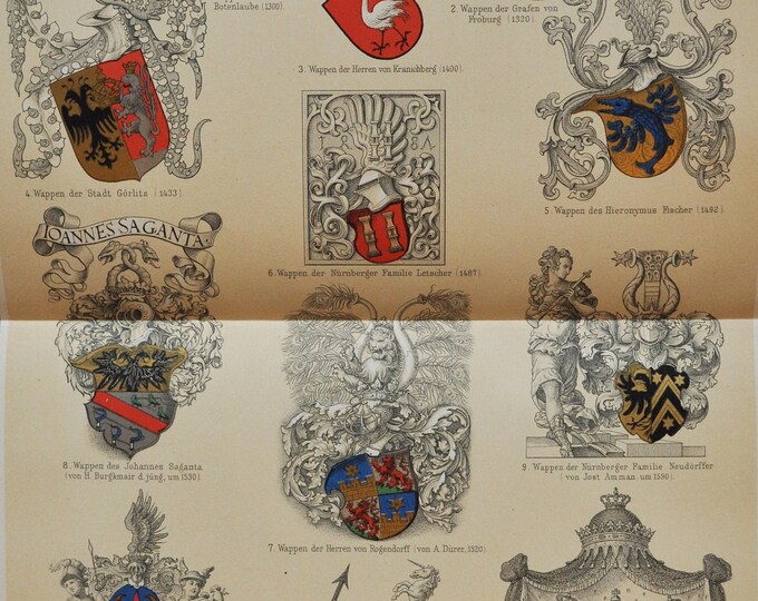 Heraldry (History of Coat of Arms) - Original Antique Print - 1906 (City of Gorlitz, Germany, Prussia, Family, Armory, Bayern, Shield)