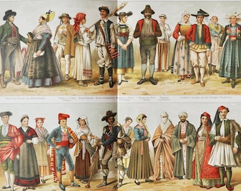 Folk Costumes II - Original Antique Print - 1906 (Clothes, Regional, National, Traditional Garment, Hungary, Spain, Turkey, Croatia, France)