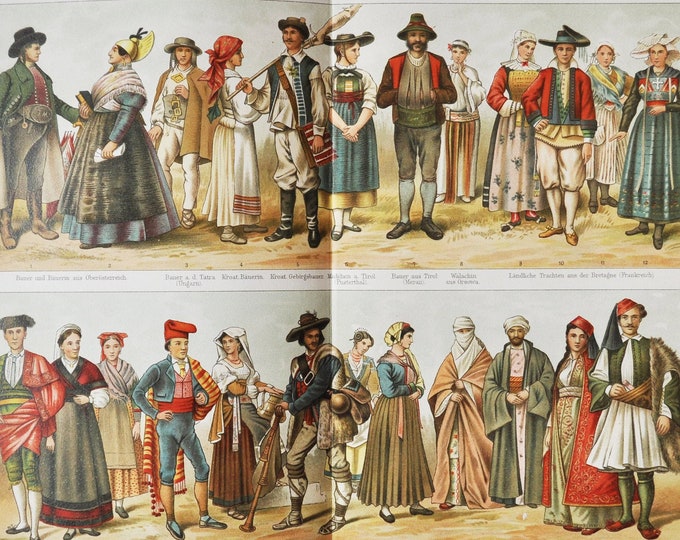Folk Costumes II - Original Antique Print - 1906 (Clothes, Regional, National, Traditional Garment, Hungary, Spain, Turkey, Croatia, France)
