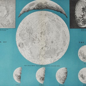 Mondphasen - original antiker Druck 1903 Astronomie Universum Sterne Planet Sonne Sonnensystem himmlisch Weltall Lithographie Nasa