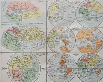 History of Geography - original antique map from 1902 (country, city, world, map, ptolemy, herodotus, visconti, behaim, schoner, homann)