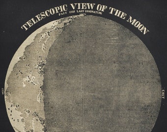 Telescopic View of the Moon - original antique print 1853 (Smith's Illustrated Astronomy, universe stars galaxy planets nasa space apollo)