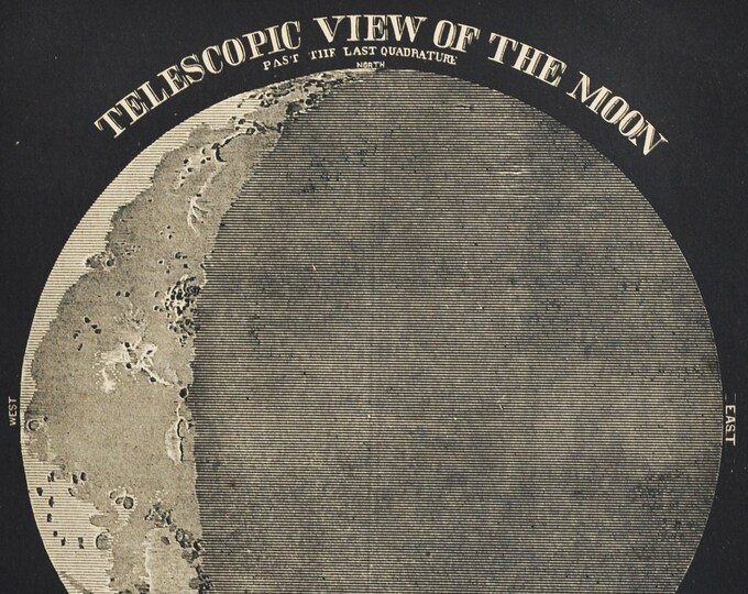 Telescopic View of the Moon - original antique print 1853 (Smith's Illustrated Astronomy, universe stars galaxy planets nasa space apollo)