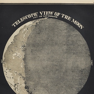 Teleskop Ansicht des Mondes - original antiker Druck 1853 (Smith's Illustrierte Astronomie, Universum Sterne Galaxie Planeten Nasa Weltraum Apollo)