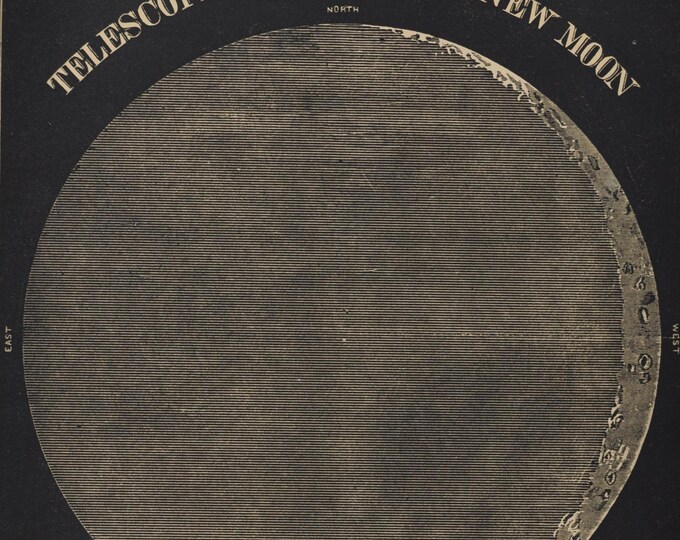 Telescopic View of the New Moon - original antique print 1853 (Smith's Illustrated Astronomy, universe stars planets nasa space apollo)