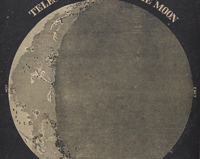 Telescopic View of the Moon - original antique print 1853 (Smith's Illustrated Astronomy, universe stars galaxy planets nasa space apollo)
