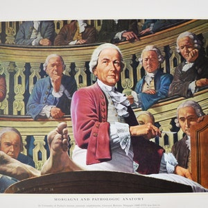 May include: A vintage print titled "Morgagni and Pathologic Anatomy" by Robert Thom. The print depicts a medical lecture with a central figure in a red coat, surrounded by other men in period attire. The scene includes a patient's foot.