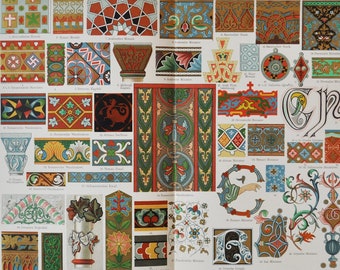 Ornaments II (Middle Ages) - Original Antique Print - 1906 (Arabic, Roman, Gothic, Early Christian, Persian, French, Irish, Italian Flemish)