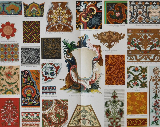 Ornaments IV (17th / 18th Century & Asia) - Original Antique Print - 1906 (Persian, French, Japan, China, Embroidery Enamel Silver Tapestry)