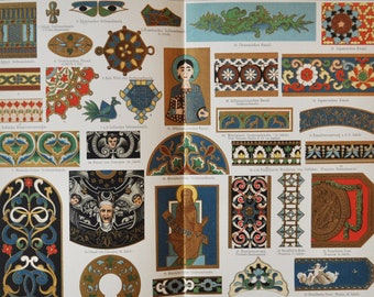 Enamels - Original Antique Print - 1906 (colors, patterns, Egyptian, Limoges, Russian, designs, China, Japan, France, porcelain, vitreous)