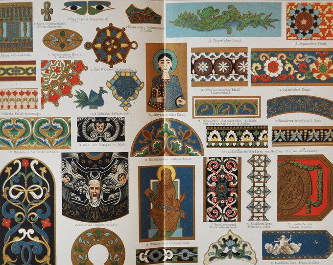 Enamels - Original Antique Print - 1906 (colors, patterns, Egyptian, Limoges, Russian, designs, China, Japan, France, porcelain, vitreous)
