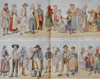 Folk Costumes I - Original Antique Print - 1906 (Clothes, Regional, National, Traditional Garment, Sweden, Finland, Russia, World, Norway)