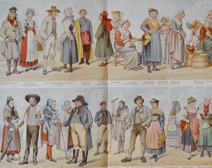 Folk Costumes I - Original Antique Print - 1906 (Clothes, Regional, National, Traditional Garment, Sweden, Finland, Russia, World, Norway)