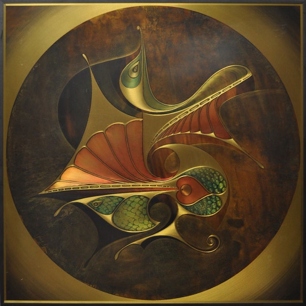 Rudy Lechleiter - Art Work / Painting - Canadian artist- signed 1982 metal inlaid wall panel acid etched bronze copper plaque steampunk