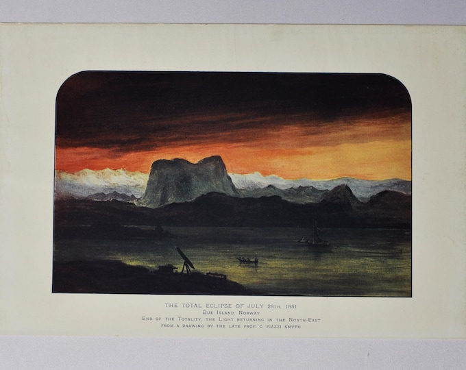 The Total Eclipse of July 28th 1851 Blue Island Norway - original antique print 1908 (astronomy universe stars planet sun solar system nasa)