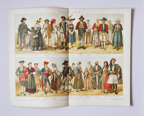 Folk Costumes II Original Antique Print 1906 (clothes