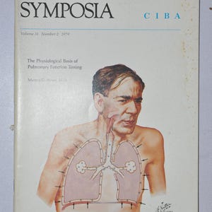 May include: A vintage book cover titled "CLINICAL SYMPOSIA" with the CIBA logo. The cover features an illustration of a man with a diagram of lungs overlaid on his chest. Text includes "Volume 31 Number 2 1979" and "The Physiological Basis of Pulmonary Function Testing."
