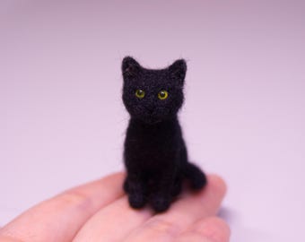 Tiny Needle Felted Black Cat Miniature Cat