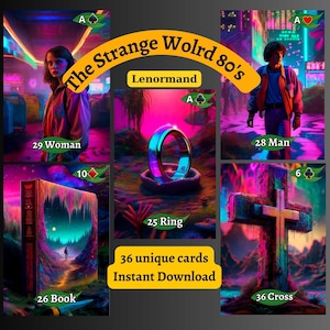 Natychmiastowe pobieranie, karty Lenormand do druku, odkryj moją talię Lenormand inspirowaną latami 80.! Fioletowe i niebieskie kolory w dystopijnym świecie równoległym, zrób to sam