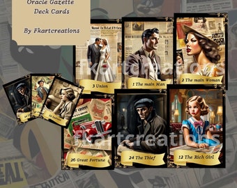 Può includere: Un set di carte di oracoli con illustrazioni di persone e oggetti. Le carte sono nere con bordi dorati e presentano un nastro con il nome della carta. Le carte includono "L'uomo principale", "La donna principale", "Unione", "Il ladro", "La ragazza ricca", "Grande fortuna" e "Tristezza".