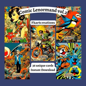Afdrukbare en directe download Comic Lenormand Vol.2: 1960s Pop Art-geïnspireerd Oracle-deck, abstracte afbeeldingen, unieke doe-het-zelfprint thuis Perfect cadeau