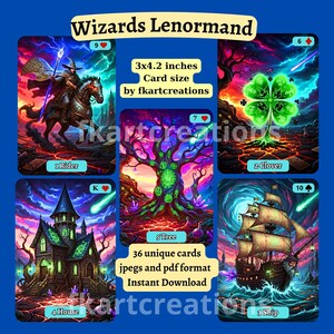 以下が含まれることがあります： 「Wizards Lenormand」というタイトルのルノルマンカードデッキのデジタルアート画像。デッキには36枚のユニークなカードが含まれており、各カードのサイズは7.6 x 10.7 cmです。カードには、ライダー、クローバー、船、家、木などのファンタジーイラストが描かれています。