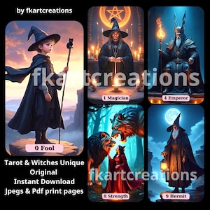 Baraja de tarot de brujas de descarga instantánea, 78 cartas de tarot imprimibles, 24 páginas de alta resolución con plantilla de caja, lectores de tarot, oráculos, regalo único