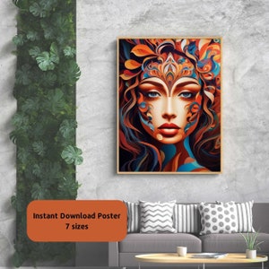 May include: Abstract digital art print of a woman's face with colorful swirls and patterns. The woman has blue eyes and red lips. The background is dark.