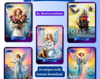Op de afbeelding: Een set van 36 unieke Lenormand-kaarten met engelen met verschillende symbolen. De kaarten zijn geïllustreerd met engelen in verschillende poses en omgevingen, waaronder een boeket bloemen, een schip, een beer, een berg en vogels. De kaarten zijn ontworpen voor divinatie en waarzeggerij.