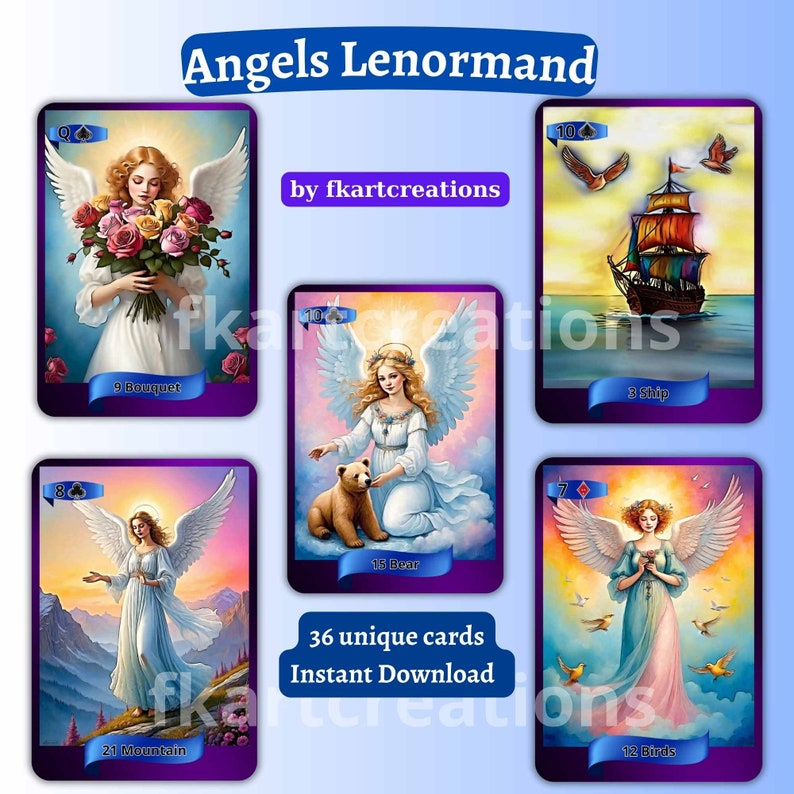 Op de afbeelding: Een set van 36 unieke Lenormand-kaarten met engelen met verschillende symbolen. De kaarten zijn ge&iuml;llustreerd met engelen in verschillende poses en omgevingen, waaronder een boeket bloemen, een schip, een beer, een berg en vogels. De kaarten zijn ontworpen voor divinatie en waarzeggerij.