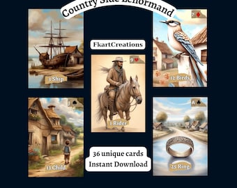 Può includere: Un set di 36 carte illustrate di Lenormand con un tema campestre. Le carte presentano una varietà di immagini, tra cui una nave, un cavaliere, un bambino, uccelli e un anello. Le carte sono progettate con un'estetica vintage e sono perfette per la divinazione e la lettura della fortuna.