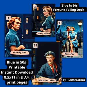 Modèle bleu des années 50 à téléchargement immédiat, modèle de pont de 39 cartes en téléchargement numérique, format lettre A4 et lecteurs de tarots PDF
