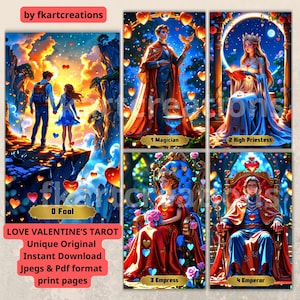 Baraja de tarot del amor de San Valentín para imprimir, 78 cartas, descarga instantánea, 8,5 x 11 pulgadas, funciona en formato A4, JPEG y PDF de alta resolución, plantilla de impresión para el hogar, tapa de caja