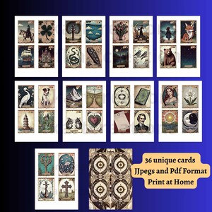 May include: A collection of 36 unique tarot cards with vintage-style illustrations. Each card features detailed artwork, including a horse and rider, a four-leaf clover, a tree, and a ship. The cards are available in JPEG and PDF formats, designed for home printing.