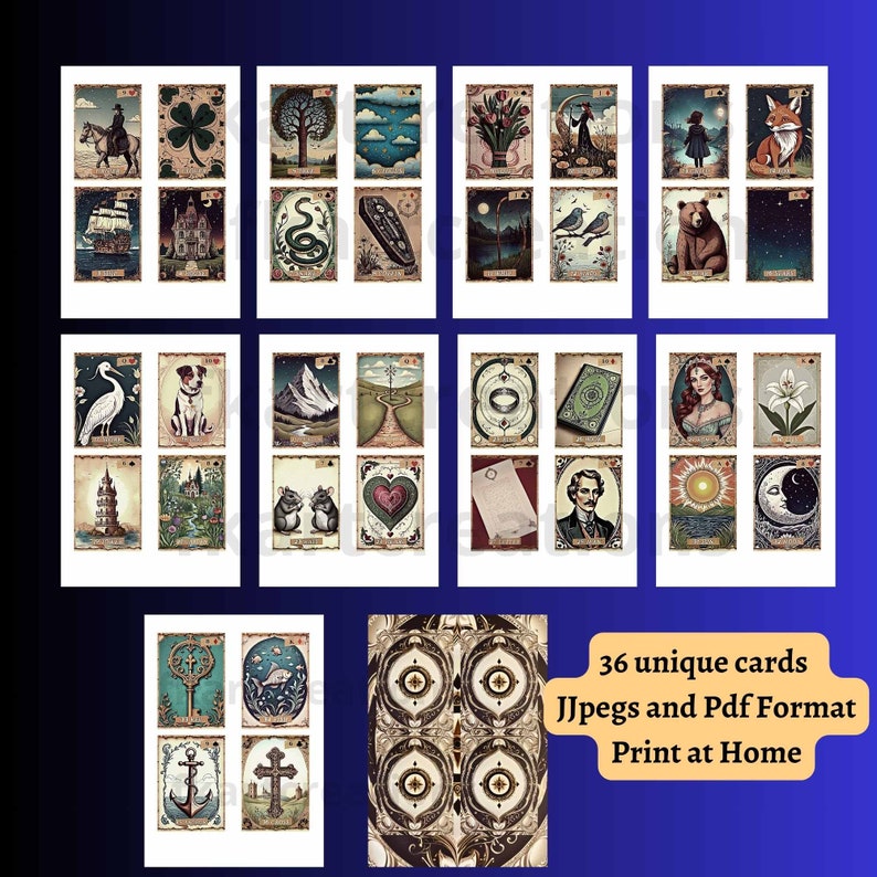 May include: A collection of 36 unique tarot cards with vintage-style illustrations. Each card features detailed artwork, including a horse and rider, a four-leaf clover, a tree, and a ship. The cards are available in JPEG and PDF formats, designed for home printing.